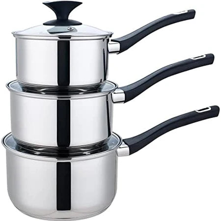 Royal Cuisine 3-Piece Stainless Steel Saucepan Set – 16cm, 18cm & 20cm Cooking Pots with Glass Lids
