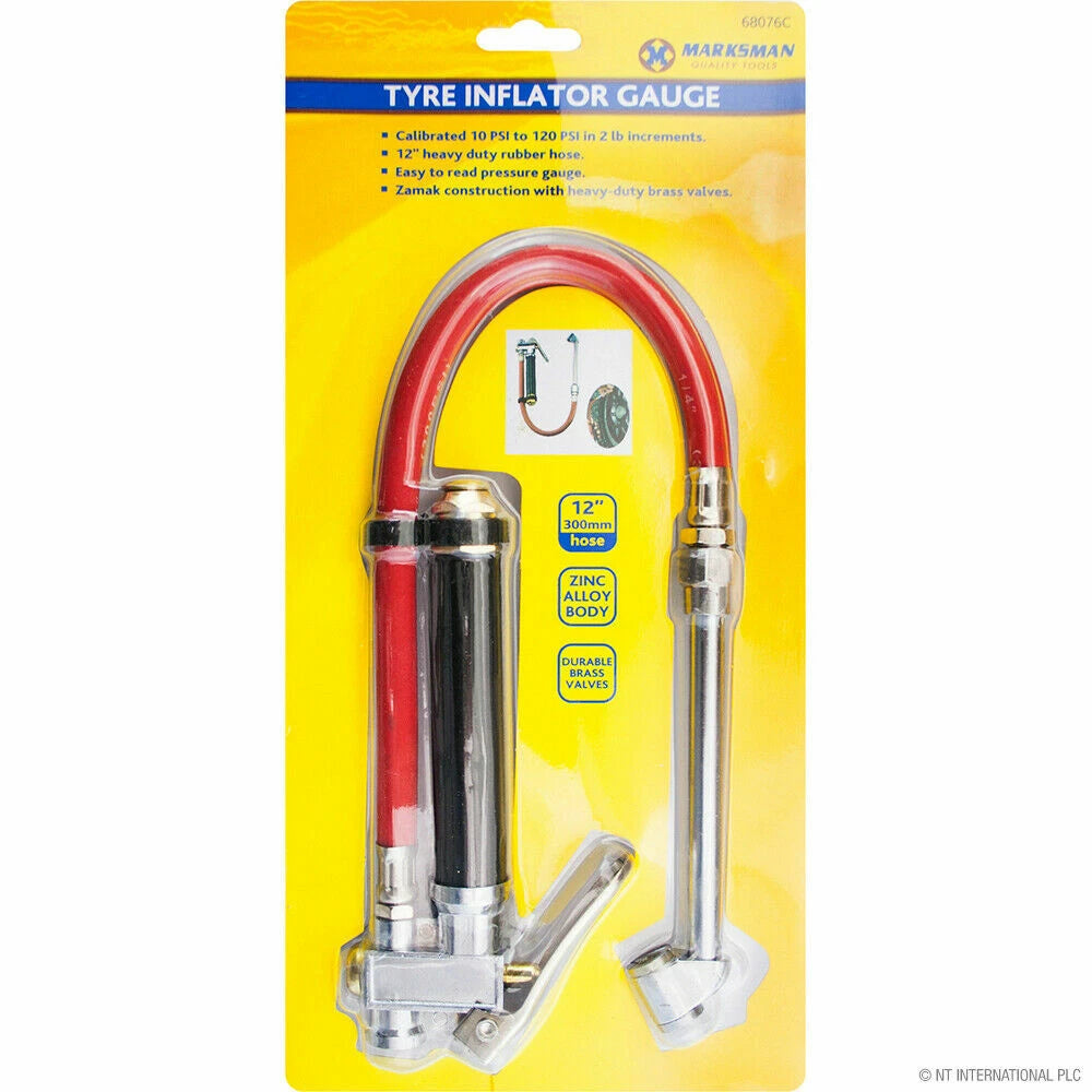 Marksman Tyre Inflator Gauge – 12” Hose Heavy Duty Tire Pressure Tool (10–120 PSI)