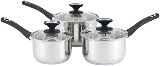 Royal Cuisine 3-Piece Stainless Steel Saucepan Set – 16cm, 18cm & 20cm Cooking Pots with Glass Lids