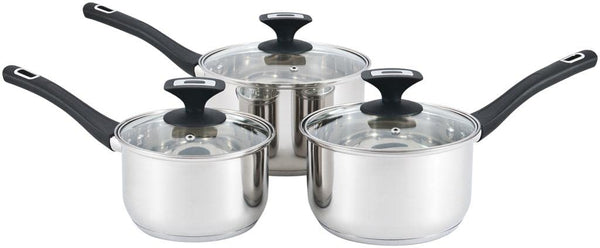 Royal Cuisine 3-Piece Stainless Steel Saucepan Set – 16cm, 18cm & 20cm Cooking Pots with Glass Lids