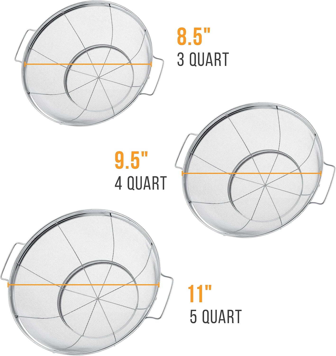 Kitchen Supply Set of 3 Stainless Steel Colander Strainers Net Baskets