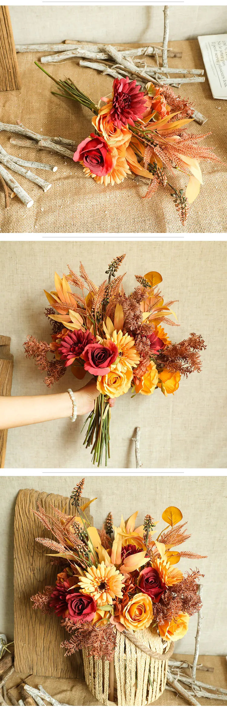 Autumn Bouquet | Silk Rose, Maple Leaves & Dandelion | Home Decor