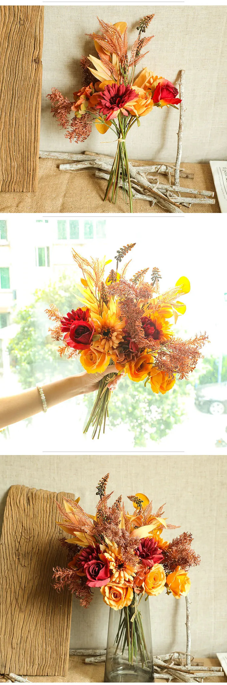 Autumn Bouquet | Silk Rose, Maple Leaves & Dandelion | Home Decor