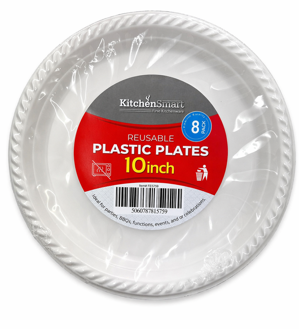 KitchenSmart 10” Reusable Plastic Plates – White Party Plates (8 Pack)