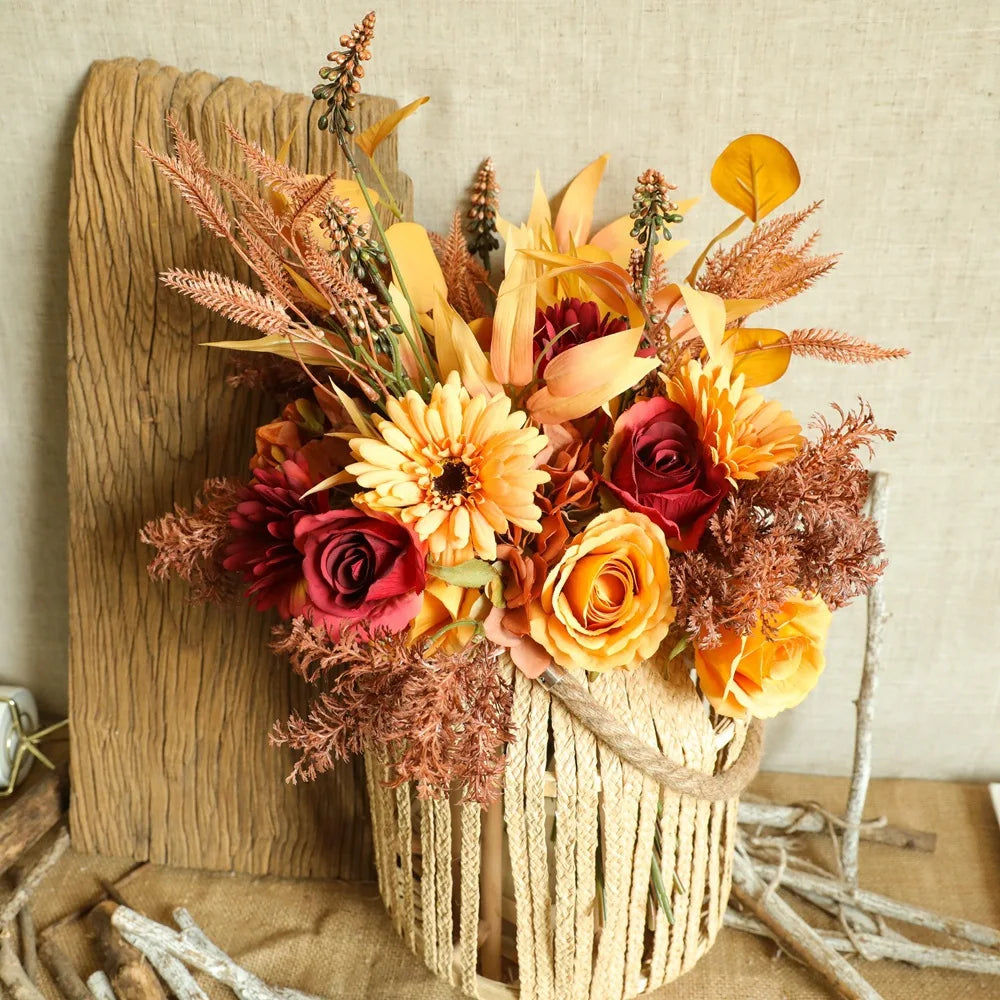 Autumn Bouquet | Silk Rose, Maple Leaves & Dandelion | Home Decor