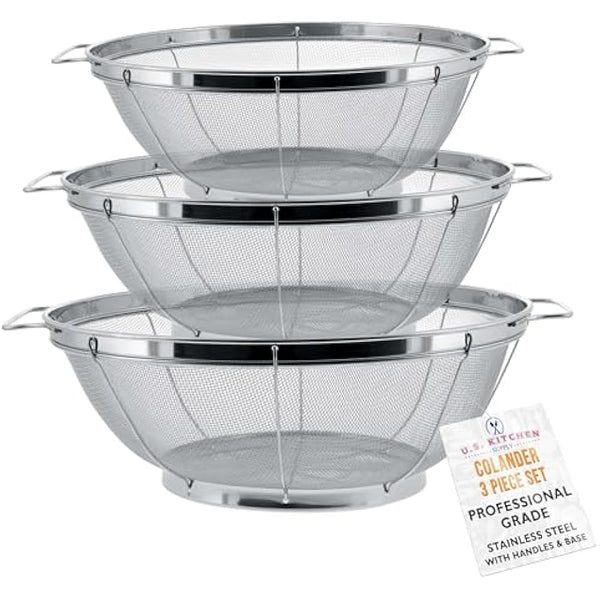 Kitchen Supply Set of 3 Stainless Steel Colander Strainers Net Baskets